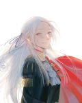  1girl blonde_hair blue_eyes blush cape cravat edelgard_von_hresvelg fire_emblem fire_emblem:_three_houses garreg_mach_monastery_uniform gloves hair_ornament hair_ribbon loika long_hair looking_at_viewer pantyhose red_cape ribbon simple_background smile solo uniform white_background 