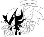  ! anthro black_and_white butt_slap clothing den255 dialogue duo english_text eulipotyphlan gloves handwear hedgehog humor laugh male mammal monochrome shadow_the_hedgehog slap sonic_(series) sonic_the_hedgehog speech_bubble surprise text 