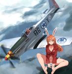  1girl 501st_joint_fighter_wing aircraft animal_ears ayakumo barefoot blue_eyes breasts bunny_ears charlotte_e_yeager cleavage cloud cloudy_sky highres jacket large_breasts long_hair navel open_mouth orange_hair p-51_mustang panties red_jacket sky soles spitfire_(airplane) strike_witches underwear white_panties world_war_ii world_witches_series 