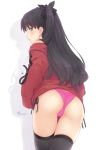  1girl artist_name ass bangs bare_shoulders bikini black_hair black_legwear blue_eyes blush cameltoe closed_mouth commentary cowboy_shot dan_(kumadan) eyebrows_visible_through_hair fate/stay_night fate_(series) half_updo highres long_hair long_sleeves looking_at_viewer off_shoulder panties pink_bikini_bottom profile red_shirt shirt side-tie_bikini silhouette simple_background solo swimsuit thighhighs toosaka_rin two_side_up underwear white_background 