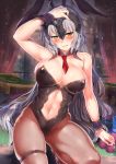  1girl animal_ears bangs bare_shoulders black_leotard blush breasts bunny_ears bunnysuit cleavage closed_mouth detached_collar fate/grand_order fate_(series) hand_on_head headpiece highres jeanne_d&#039;arc_(alter)_(fate) jeanne_d&#039;arc_(fate)_(all) kawai large_breasts leotard long_hair looking_at_viewer navel navel_cutout necktie red_neckwear silver_hair solo thigh_strap thighs very_long_hair wrist_cuffs yellow_eyes 