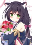 1girl animal_ear_fluff animal_ears bangs bare_shoulders black_hair black_sleeves blurry blurry_background blush bouquet bow brown_bow cat_ears cat_tail closed_mouth commentary_request depth_of_field detached_sleeves eyebrows_visible_through_hair flower green_eyes hair_between_eyes hair_bow kujou_danbo kyaru_(princess_connect) long_hair long_sleeves looking_at_viewer low_twintails multicolored_hair navel pink_flower pink_rose princess_connect! princess_connect!_re:dive red_flower red_rose rose shirt sleeveless sleeveless_shirt solo streaked_hair sweat tail translation_request twintails upper_body v-shaped_eyebrows very_long_hair wavy_mouth white_hair white_shirt wide_sleeves 