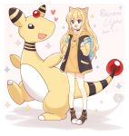  1girl :d ampharos backpack bag bangs black_jacket black_legwear blonde_hair blush boots brown_background brown_footwear commentary_request copyright_name dated eyebrows_visible_through_hair gen_2_pokemon hair_between_eyes highres hood hood_down hoodie jacket light_(luxiao_deng) lightning_bolt long_hair long_sleeves looking_at_viewer open_clothes open_jacket open_mouth orange_hoodie original personification pigeon-toed poke_ball poke_ball_(generic) pokemon pokemon_(creature) purple_eyes shadow signature sleeves_past_wrists smile socks sparkle standing two-tone_background two_side_up very_long_hair white_background 