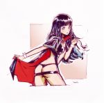  1girl artist_request ass belt beltskirt black_cape black_capelet black_hair black_panties blue_eyes cape cape_tug capelet clenched_hand cuff_links highres hime_cut long_hair looking_at_viewer looking_back nakoruru panties red_cape revealing_clothes snk_heroines:_tag_team_frenzy solo thong underwear wrist_cuffs 