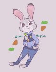  anthro black_eyes buke3jp carrot clothing disney english_text female food full-length_portrait grey_background hand_on_hip holding_food holding_object judy_hopps lagomorph leporid mammal plant portrait rabbit simple_background smile solo standing text vegetable zootopia 