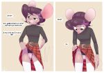  anthro bottomwear clothed clothing clothing_lift crotchless dialogue female fully_clothed green_eyes hair hi_res legwear leotard maisie_whisk mammal mouse murid murine plaid pussy rodent short_hair siden simple_background skirt skirt_lift solo standing thigh_highs wick_(artist) 