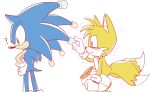  ? anthro blue_eyes blue_fur blush canid canine clothing den255 duo eulipotyphlan food fox fur gloves green_eyes hand_on_hip handwear hedgehog holding_food holding_object humor male mammal marshmallow miles_prower shaking simple_background sonic_(series) sonic_the_hedgehog standing white_background white_fur yellow_fur 