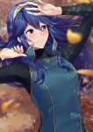  1girl a_meno0 arm_up black_sweater blue_eyes blue_hair blurry_foreground blush brown_hairband closed_mouth eyebrows_visible_through_hair fire_emblem fire_emblem_awakening hair_between_eyes hairband long_hair long_sleeves looking_to_the_side lucina_(fire_emblem) lying on_back outdoors ribbed_sweater shiny shiny_hair smile solo sweater turtleneck turtleneck_sweater upper_body very_long_hair 
