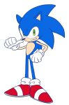  anthro blue_fur clothing den255 eulipotyphlan footwear full-length_portrait fur gesture gloves green_eyes grin handwear hedgehog male mammal pointing pointing_at_self portrait shoes simple_background smile solo sonic_(series) sonic_the_hedgehog standing white_background 