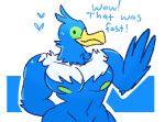  &lt;3 anthro avian bird blue_feathers clawzetto cramorant english_text feathers looking_at_viewer muscular nintendo pok&eacute;mon pok&eacute;mon_(species) solo text video_games 