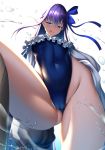 1girl ass_visible_through_thighs bangs bare_shoulders blue_eyes blue_ribbon blue_swimsuit blush breasts covered_navel fate/grand_order fate_(series) frills highleg highleg_swimsuit licking_lips long_hair looking_at_viewer meltryllis meltryllis_(swimsuit_lancer)_(fate) one-piece_swimsuit puffy_sleeves purple_hair ribbon simple_background sleeves_past_fingers sleeves_past_wrists small_breasts smile solo swimsuit thighs tongue tongue_out very_long_hair water zukky 
