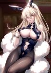  1girl animal_ears artoria_pendragon_(all) artoria_pendragon_(lancer) artoria_pendragon_(lancer_alter) artoria_pendragon_(swimsuit_ruler)_(fate) bangs bare_shoulders blonde_hair blue_legwear blush braid breasts bunny_ears bunnysuit cleavage detached_collar fate/grand_order fate_(series) feather_boa fishnets hair_between_eyes highres horns large_breasts leotard long_hair looking_at_viewer navel necktie obiwan pantyhose ponytail sidelocks signature sitting solo underboob white_leotard wrist_cuffs yellow_eyes 