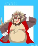  2019 anthro belly black_nose brown_fur canid canine clothed clothing fur goemon_(tas) hi_res humanoid_hands male mammal moobs nipples overweight overweight_male raccoon_dog simple_background solo tanuki tinhotarou tokyo_afterschool_summoners video_games 