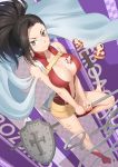  1girl anarchojs bare_shoulders black_eyes black_hair blush bodysuit boku_no_hero_academia breasts center_opening cleavage commentary_request highres holding holding_weapon large_breasts long_hair looking_at_viewer navel ponytail shield tagme weapon yaoyorozu_momo 