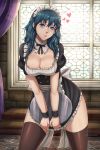  1girl absurdres apron blue_eyes blue_hair blush breasts byleth_(fire_emblem) byleth_(fire_emblem)_(female) cleavage evomanaphy fire_emblem fire_emblem:_three_houses hair_between_eyes highres looking_at_viewer maid maid_dress maid_headdress puffy_short_sleeves puffy_sleeves ribbon short_sleeves solo thighhighs window 