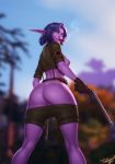  blizzard_entertainment breasts butt cigar clothing elf female gun hi_res humanoid humanoid_pointy_ears looking_at_viewer looking_back mammal night_elf nipples not_furry outside personalami purple_skin pussy ranged_weapon solo video_games warcraft weapon 