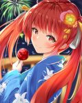  1girl aerial_fireworks azur_lane blue_kimono bridge candy_apple commentary_request fireworks floral_print flower food hair_flower hair_ornament highres holding holding_food honolulu_(azur_lane) honolulu_(festival_date)_(azur_lane) japanese_clothes kanaya604 kimono looking_at_viewer night red_eyes red_hair smile solo twintails water yukata 