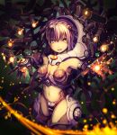  1girl :d commentary_request elbow_gloves gloves glowing hair_ornament highres limlim_(limlimfa) looking_at_viewer mecha_musume mechanical_tentacles navel open_mouth original purple_hair short_hair smile solo yellow_eyes 