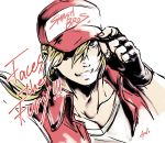  1boy absurdres artist_request baseball_cap blonde_hair blue_eyes fatal_fury fingerless_gloves gloves hat highres jacket long_hair looking_at_viewer male_focus muscle ponytail smile snk solo super_smash_bros. terry_bogard the_king_of_fighters 