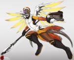  5_fingers anthro blizzard_entertainment clothed clothing cosplay fingers fur grey_fur heterochromia holding_gun holding_object holding_weapon lutrine male mammal mercy_(overwatch) mustelid nerton overwatch simple_background solo video_games weapon white_background 