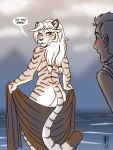  2019 anthro blurred_background blush breasts butt clothing dialogue duo english_text felid female fur heresy_(artist) hi_res human keidran looking_back male mammal nude open_mouth pantherine pigtails restricted_palette side_boob stare striped_fur stripes text tiger twokinds undressing water webcomic 