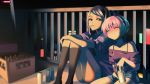  2girls balcony beer_can blush box can cigarette city_lights cityscape closed_eyes dorothy_haze english_commentary highres jill_stingray multiple_girls night pink_hair purple_hair red_eyes smile smoking socks steve_chopz va-11_hall-a 