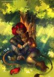  2019 absurd_res anthro black_nose breasts clothed clothing day detailed_background digital_media_(artwork) eri-yo felid female grass green_eyes hair hi_res lion male mammal outside pantherine red_hair tree yellow_sclera 