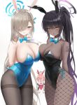  3girls ^^^ absurdres ahoge animal_ears asuna_(blue_archive) bangs bare_shoulders biya_(1024) black_hair black_leotard blue_archive blue_eyes blue_leotard blush breasts brown_legwear cleavage cropped dark-skinned_female dark_skin detached_collar elbow_gloves fake_animal_ears fishnet_legwear fishnets gloves grin hair_over_one_eye highleg highleg_leotard highres karin_(blue_archive) large_breasts leotard light_brown_hair long_hair looking_at_viewer mole mole_on_breast multiple_girls neru_(blue_archive) open_mouth orange_hair pantyhose playboy_bunny ponytail rabbit_ears red_leotard short_hair sidelocks smile thighs white_gloves yellow_eyes 