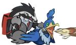  2019 amano_11 ambiguous_gender anthro avian backpack banjo-kazooie banjo_(banjo-kazooie) beak bird black_fur claws cosplay cramorant crossover digital_media_(artwork) duo feathers feral fish fur hi_res humor kazooie mammal marine mustelid nintendo obstagoon open_mouth parody pok&eacute;mon pok&eacute;mon_(species) rareware simple_background smile tongue unknown_pok&eacute;mon video_games white_background wings 