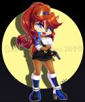  2019 anthro blue_eyes boots brown_hair chipmunk clothed clothing digital_media_(artwork) eyelashes female fingerless_gloves footwear gloves ground_squirrel gun hair handgun handwear holding_object holding_weapon lipstick long_hair makeup mammal metalpandora ranged_weapon rodent sally_acorn sciurid smile solo sonic_(series) watermark weapon 