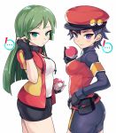  ! 2girls ace_trainer_(pokemon) armband ass bangs bike_shorts black_eyes black_gloves black_hair blush breasts fingerless_gloves gloves green_eyes green_hair hat highres holding holding_poke_ball jacket kasai_shin long_hair looking_at_viewer medium_breasts multiple_girls open_clothes open_jacket poke_ball pokemon_masters pokemon_ranger_(pokemon) pouch raglan_sleeves short_hair simple_background smile spoken_exclamation_mark white_background 