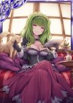  1girl akkijin black_gloves breasts card_(medium) cat chair cup curtains dress fan gloves green_hair hair_ornament holding holding_fan indoors large_breasts long_hair looking_at_viewer official_art purple_dress red_eyes shinkai_no_valkyrie sitting teacup window 
