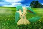  2019 ambiguous_gender detailed_background digital_media_(artwork) eeveelution eyes_closed feral fur grass hi_res kizer1617 leafeon mammal nintendo pok&eacute;mon pok&eacute;mon_(species) sitting sleeping solo video_games 