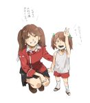  2girls brown_eyes brown_hair child dual_persona grin hair_bobbles hair_ornament highres japanese_clothes kantai_collection kariginu magatama multiple_girls no_headwear open_mouth roru_(lol_dessin) ryuujou_(kantai_collection) sandals shorts smile squatting suke_(singekijyosei) tank_top translation_request twintails younger 