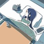  1girl artist_request cat cup fore jill_stingray kotatsu looking_at_another night pillow purple_hair shadow shirt t-shirt table tablet_pc teacup va-11_hall-a 