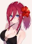  1girl absurdres bangs bare_shoulders black_bikini_top black_swimsuit blue_eyes blush breasts cleavage closed_mouth collarbone eyebrows_visible_through_hair flower fuji_dorokai go-toubun_no_hanayome hair_between_eyes hair_flower hair_ornament halter_top halterneck hibiscus highres large_breasts long_hair looking_at_viewer nakano_miku o-ring ponytail red_flower red_hair simple_background solo swimsuit upper_body 
