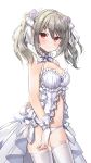 1girl adapted_costume babydoll bangs bare_shoulders blush breasts bridal_gauntlets cleavage earrings goyain hair_between_eyes highres idolmaster idolmaster_cinderella_girls idolmaster_cinderella_girls_starlight_stage jewelry kanzaki_ranko lace lace-trimmed_legwear lace-trimmed_panties lingerie long_hair looking_at_viewer medium_breasts navel panties silver_hair simple_background smile solo sparkle thighhighs thighs twintails underwear white_background white_legwear white_panties 