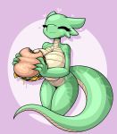  &lt;3 2019 anthro big_breasts breasts burger eyes_closed female food green_scales hi_res holding_food holding_object kobold limebreaker non-mammal_breasts reptile scales scalie solo 