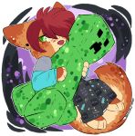  2019 alexander_mayvin anthro clothed clothing creeper digital_media_(artwork) domestic_cat felid feline felis freckles fur green_eyes hair hi_res iroxykun male mammal minecraft orange_fur plushie red_hair solo tabby_cat video_games 