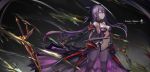  1girl armor armored_dress breasts cleavage dark_persona date_a_live dress elbow_gloves garter_straps gloves hair_ornament highres hip_armor long_hair looking_at_viewer medium_breasts navel pink_eyes purple_dress purple_hair purple_legwear revealing_clothes see-through standing sword thighhighs wangchuan_de_quanyan weapon yatogami_tooka yatogami_tooka_(true_form) 