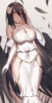  1girl absurdres ahoge albedo aogi_(pixiv9459043) bare_shoulders black_feathers black_wings breasts brown_hair cleavage closed_mouth commentary_request covered_navel demon_girl demon_horns demon_wings detached_collar dress eyebrows_visible_through_hair eyes_visible_through_hair feathered_wings feathers gloves hair_between_eyes hand_up highres hip_vent horns large_breasts long_hair looking_at_viewer low_wings overlord_(maruyama) revision slit_pupils smile solo standing tan_background white_dress white_gloves wings yellow_eyes 