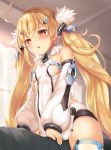  1girl :o ahoge azur_lane blonde_hair blush breasts commentary_request covered_navel curtains detached_sleeves eldridge_(azur_lane) eyebrows_visible_through_hair facial_mark fur_trim girl_on_top heart_ahoge highres indoors kokuto_(kurousagi1210) long_hair long_sleeves low_twintails open_mouth puffy_long_sleeves puffy_sleeves red_eyes small_breasts solo_focus thighhighs twintails white_legwear 