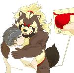  2019 anthro belly brown_fur bulge canid canine clothing duo fundoshi fur goemon_(tas) hi_res human humanoid_hands hysk japanese_clothing japanese_text male mammal one_eye_closed overweight overweight_male raccoon_dog shirt simple_background tanuki text tokyo_afterschool_summoners topwear underwear video_games white_background wink 