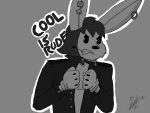  2015 4:3 axitheboyrabbid black_eyes clothing d:&lt; ear_piercing ear_ring fleischer_style_toon gloves grin handwear jacket james_flynn lagomorph leporid long_ears male mammal monochrome piercing rabbit smile solo toony topwear waist_up 