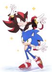  anthro black_fur blue_fur clothing den255 duo eulipotyphlan footwear fur gloves green_eyes handwear hedgehog ice lifted male mammal pose red_eyes red_fur shadow_the_hedgehog shoes simple_background skates skating sonic_(series) sonic_the_hedgehog sparkles white_background 