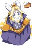  anthro asgore_dreemurr beard blonde_hair boss_monster bovid caprine clothing crown facial_hair food fur hair hi_res horn lightsource long_ears male mammal pie simple_background solo undertale video_games white_fur 