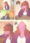  ? anthro biped bottomwear breasts brown_hair clothed clothing comic deltarune detailed_background digital_media_(artwork) dinosaur eyebrows eyes_closed female fully_clothed hair hi_res kosafordraw pants purple_scales reptile scales scalie shirt sitting solo susie_(deltarune) textless thought_bubble topwear video_games 