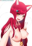  ahri_(lol) animal_humanoid big_breasts breasts canid canid_humanoid canine canine_humanoid female fox_humanoid gesture hair humanoid league_of_legends looking_at_viewer mammal mammal_humanoid nipples nude open_mouth red_hair riot_games selfie simple_background solo tofuubear v_sign video_games 