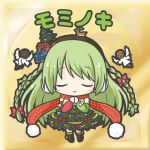  1girl angel_wings bangs blush bow box braid brown_hairband chibi christmas christmas_ornaments christmas_tree closed_eyes closed_mouth dress eyebrows_visible_through_hair facing_viewer flower_knight_girl gift gift_box green_dress green_hair hair_bow hairband long_hair mominoki_(flower_knight_girl) pom_pom_(clothes) red_bow red_scarf rinechun scarf smile solo tree_costume twin_braids very_long_hair white_wings wings 