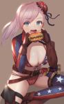  1girl american_flag_bikini asymmetrical_gloves asymmetrical_hair asymmetrical_legwear bangs belt bikini blue_eyes breasts brown_belt brown_gloves bun_cover dolce_(dolsuke) elbow_gloves fate/grand_order fate_(series) fingerless_gloves flag_print food front-tie_bikini front-tie_top gloves hair_bun hamburger highres holding holding_food indian_style large_breasts miyamoto_musashi_(fate/grand_order) miyamoto_musashi_(swimsuit_berserker)_(fate) multi-strapped_bikini pink_hair shrug_(clothing) single_elbow_glove single_sidelock single_thigh_boot sitting solo star star_print swept_bangs swimsuit 